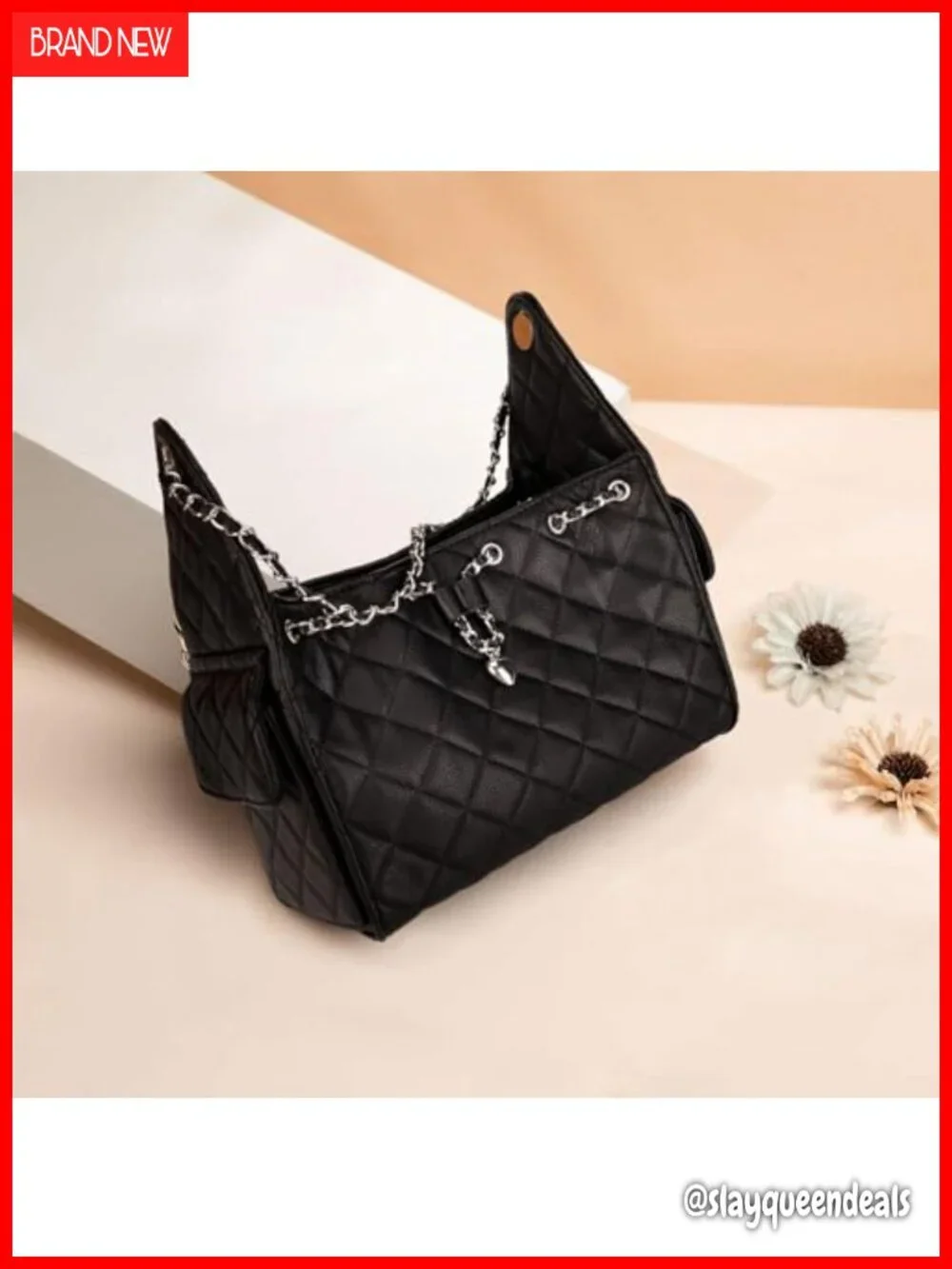 Quilted Vegan Leather Shoulder Bag Hobo Purse with Chain Strap